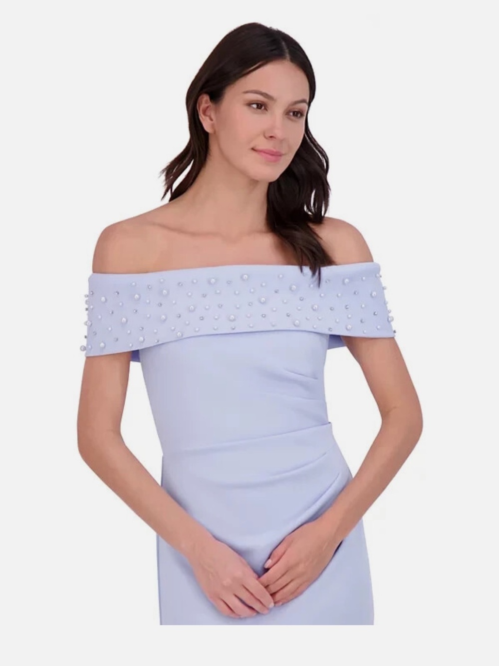 Eliza J Off-the-Shoulder Faux Pearl Embellished Gown - Light Lavender - Picture 4 of 9